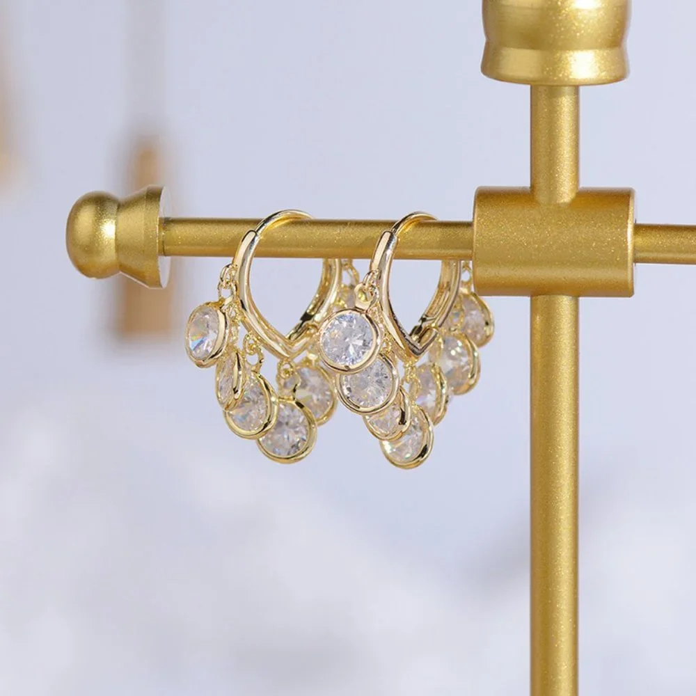 NEW 14K Gold Plated Round Diamond Drop Huggie Hoop Earrings - Picture 7 of 8